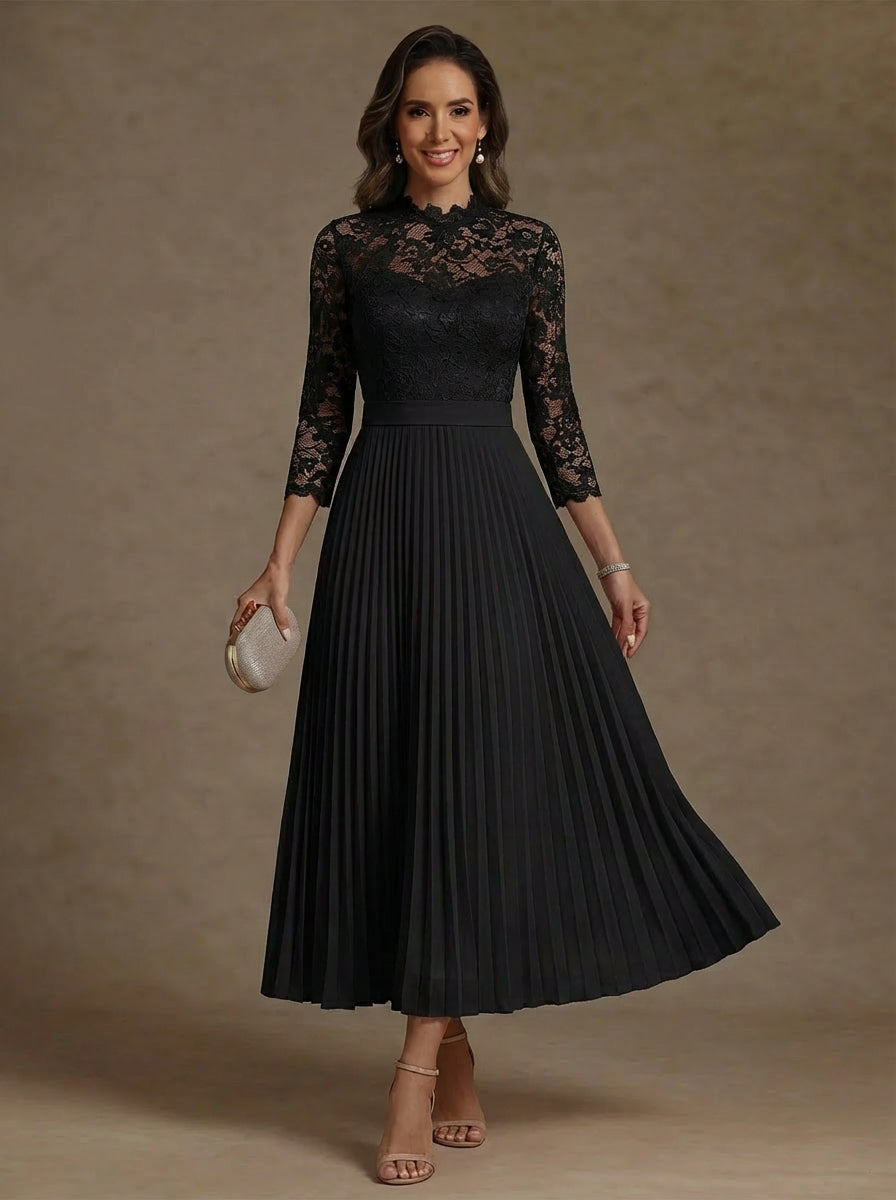 Robe mère de la mariée ligne A, mousseline col haut, dentelle, manches 3/4, longueur midi, plissé