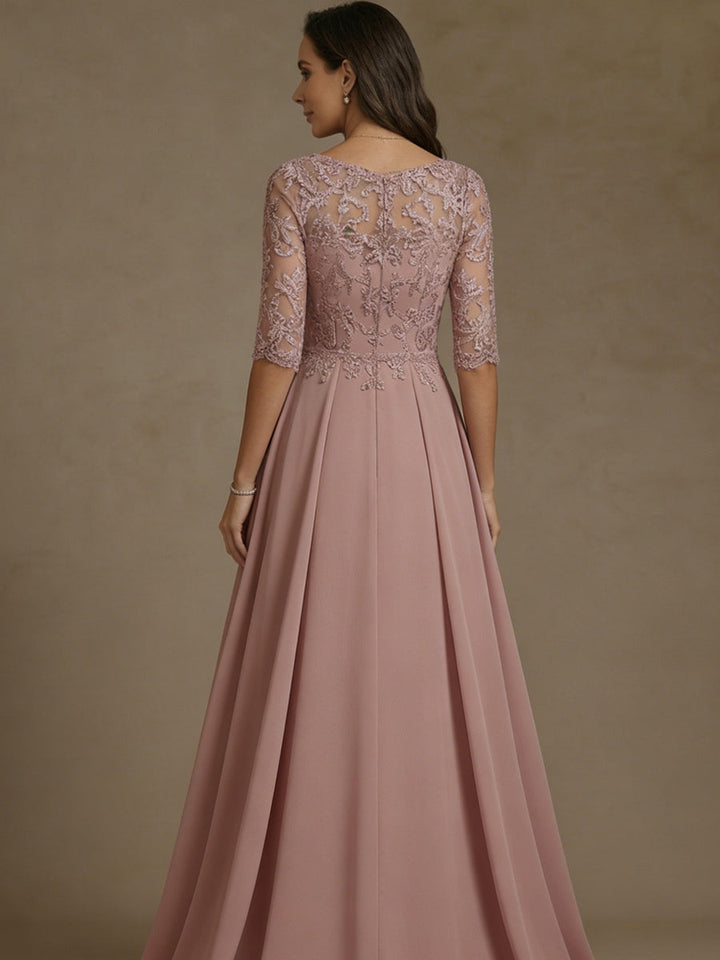 Robe mère de la mariée ligne A, mousseline col bateau, dentelle, manches mi-longues, longueur sol