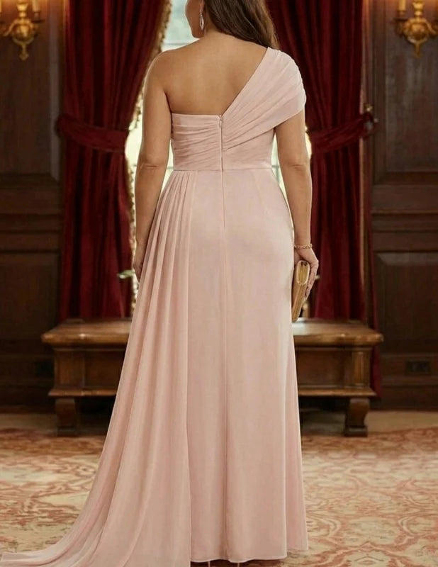 Robe Mère de la Mariée, Grande Taille, Gaine/Colonne, Une Épaule Nue, Manches 3/4, Longueur au Sol, Mousseline, en Mousseline