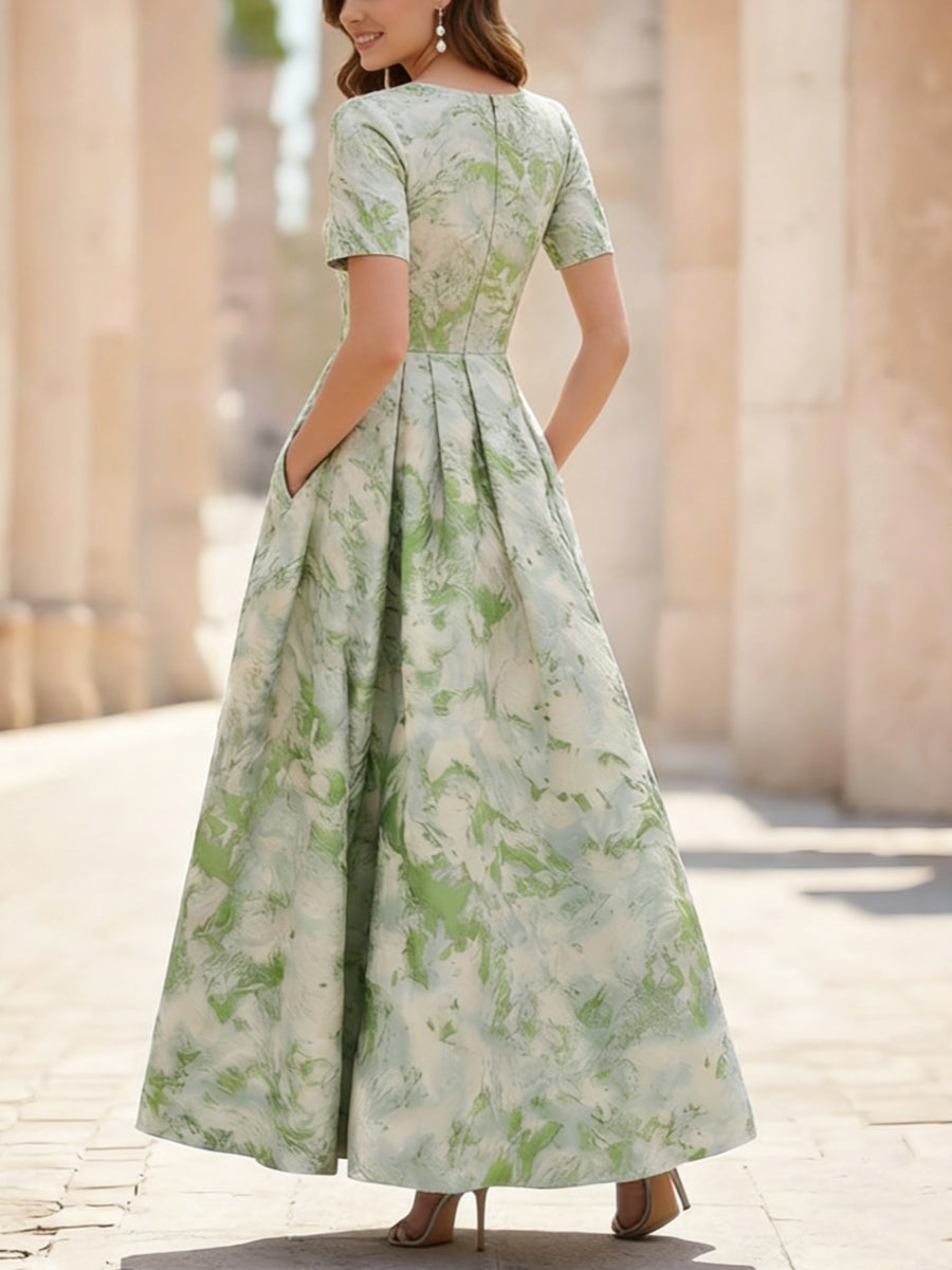 Robe mère de la mariée ligne A, jacquard col rond, manches courtes, longueur cheville, plissé