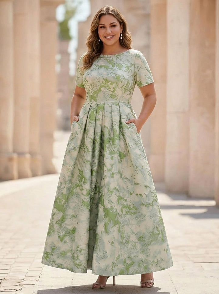 Robe mère de la mariée, Taille Plus, Ligne A/Princesse, Col Rond, Jacquard, Manches Courtes, Longueur de la Cheville, Plissée