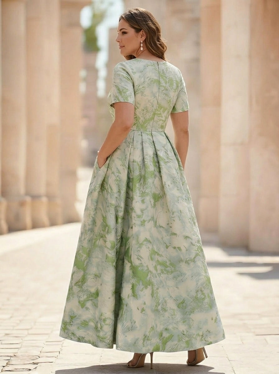 Robe mère de la mariée, Taille Plus, Ligne A/Princesse, Col Rond, Jacquard, Manches Courtes, Longueur de la Cheville, Plissée