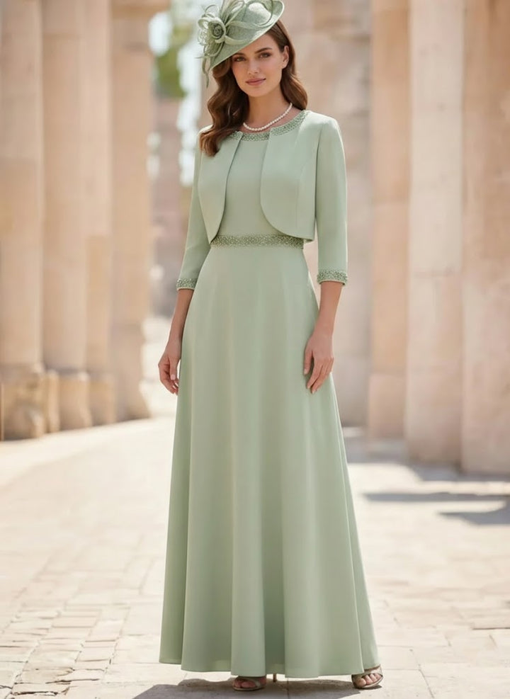 Ensemble 2 pièces mère de la mariée ligne A, satin col rond, veste, manches 3/4, longueur cheville, perles