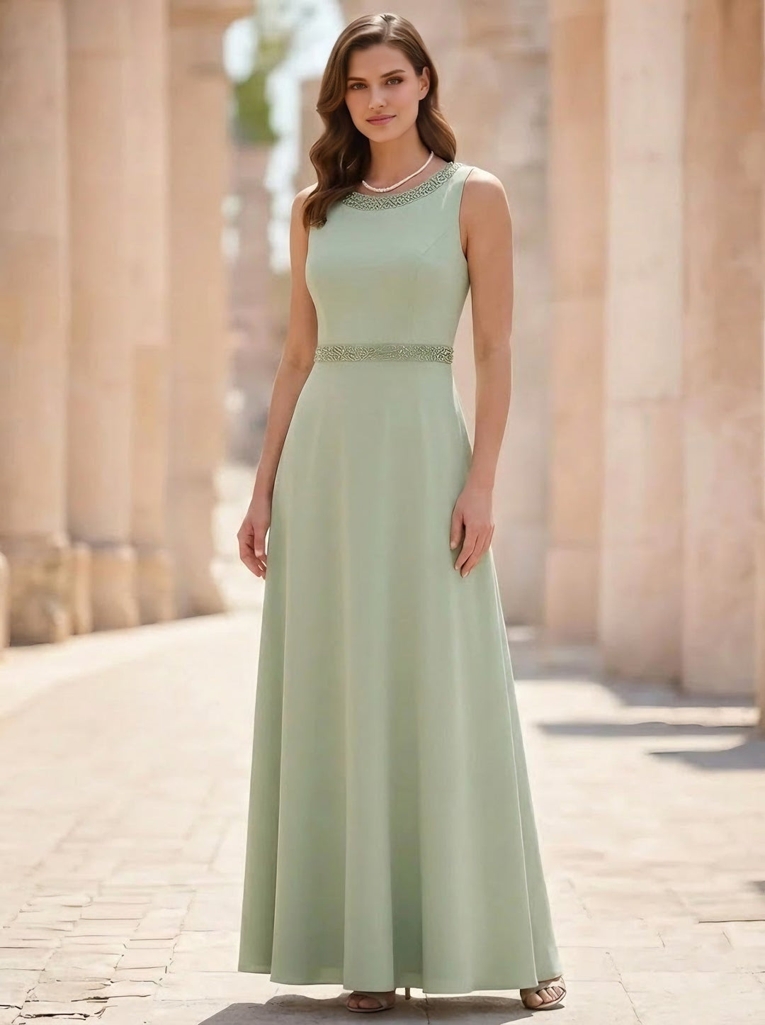 Ensemble 2 pièces mère de la mariée ligne A, satin col rond, veste, manches 3/4, longueur cheville, perles