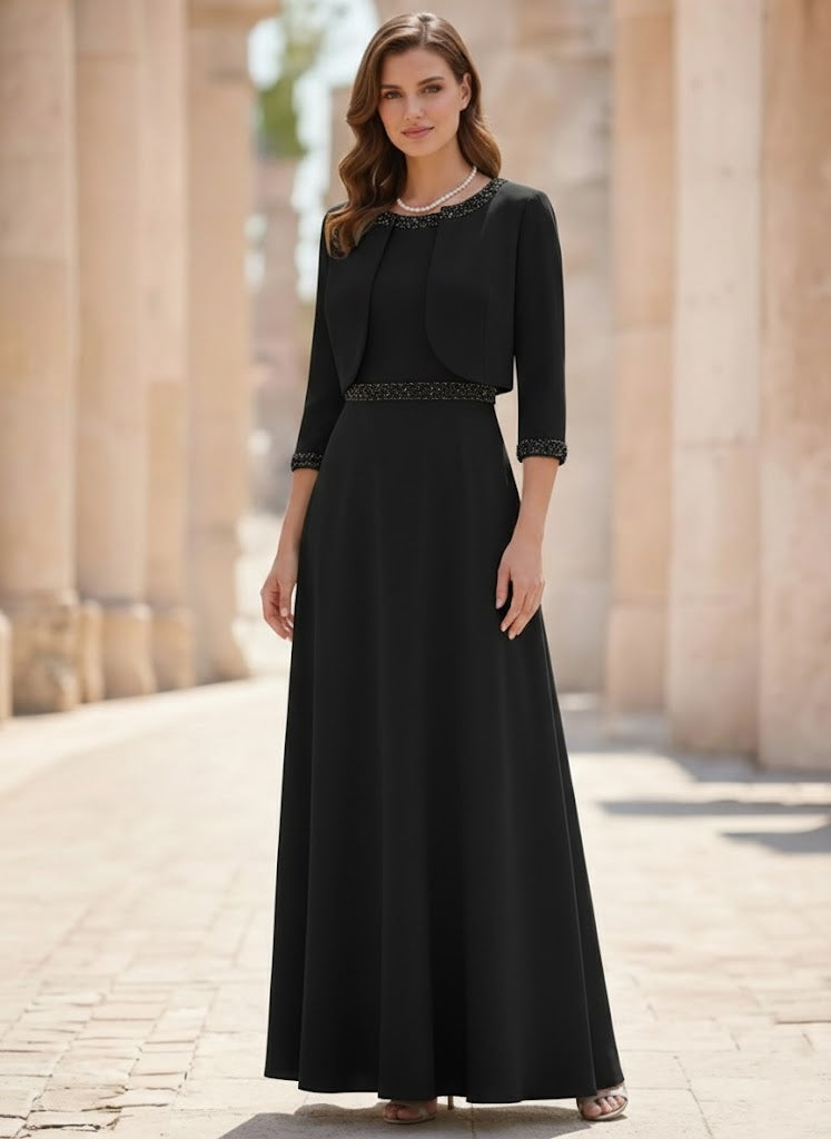 Ensemble 2 pièces mère de la mariée ligne A, satin col rond, veste, manches 3/4, longueur cheville, perles