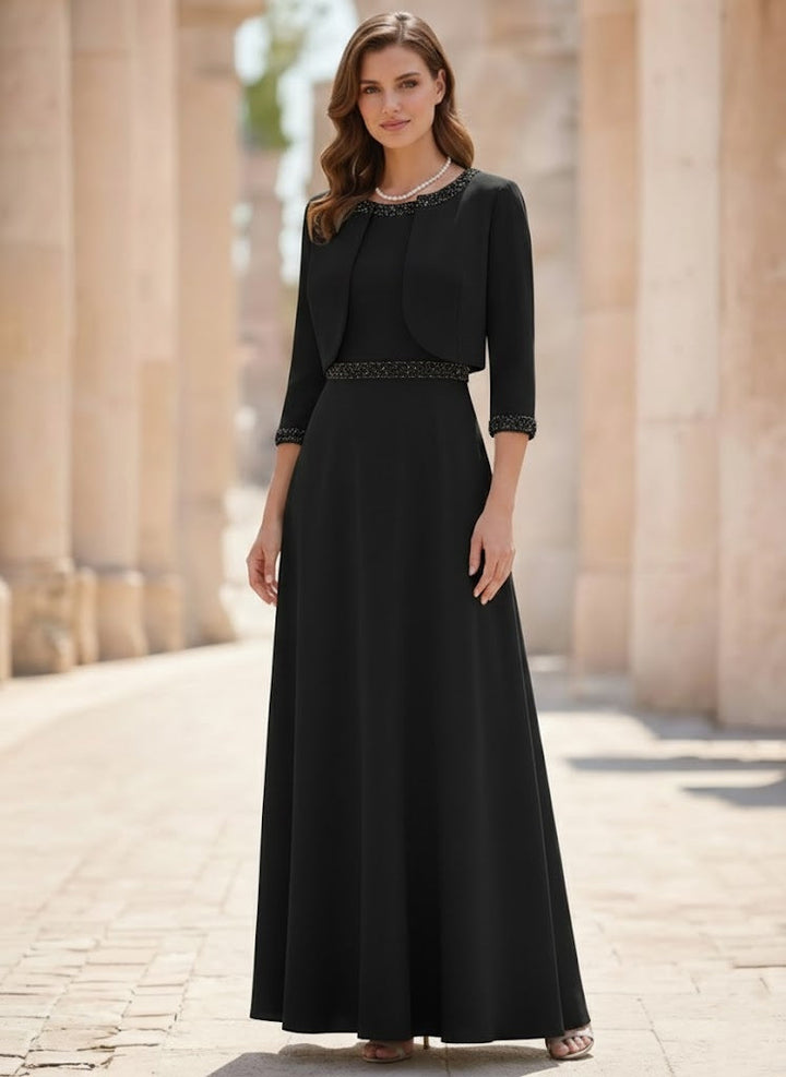 Ensemble 2 pièces mère de la mariée ligne A, satin col rond, veste, manches 3/4, longueur cheville, perles