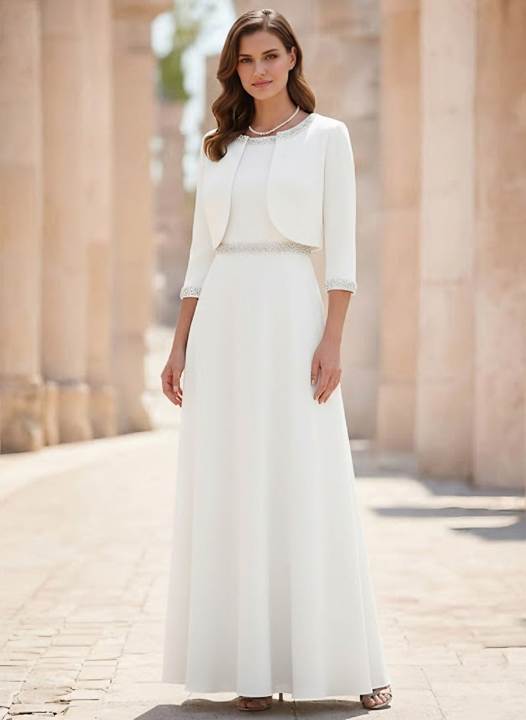 Ensemble 2 pièces mère de la mariée ligne A, satin col rond, veste, manches 3/4, longueur cheville, perles
