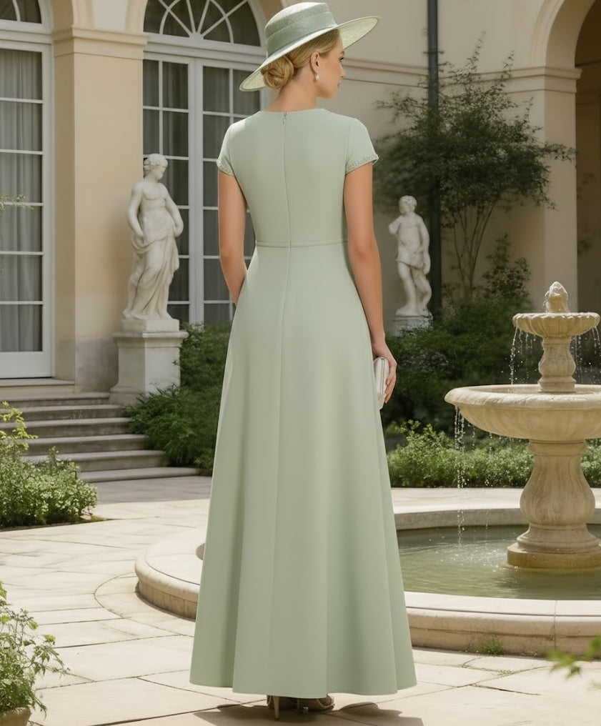 Robe mère de la mariée satin ligne A, col rond, manches courtes, longueur cheville, perles