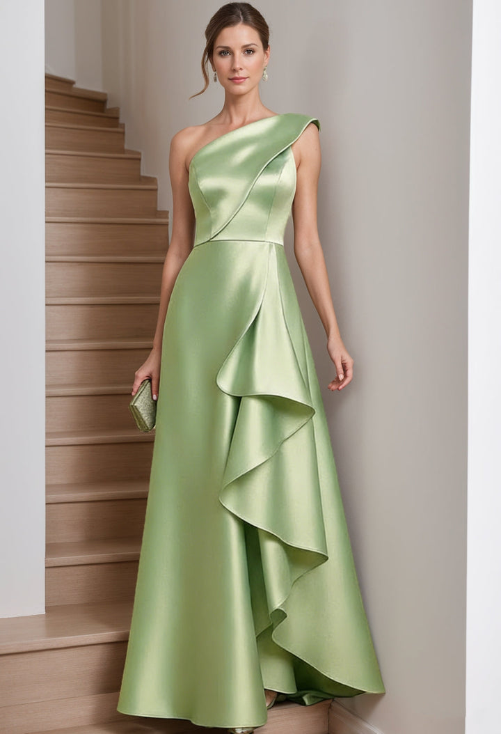Robe mère de la mariée ligne A, satin une épaule, sans manches, longueur sol, volants