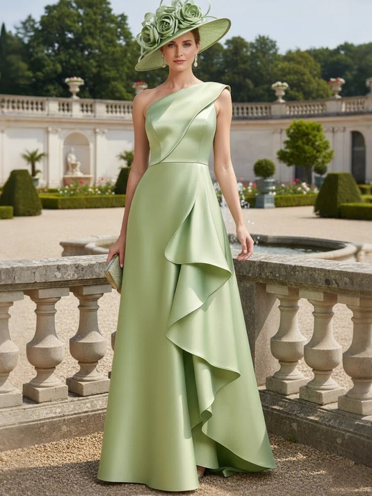 Robe mère de la mariée ligne A, satin une épaule, sans manches, longueur sol, volants