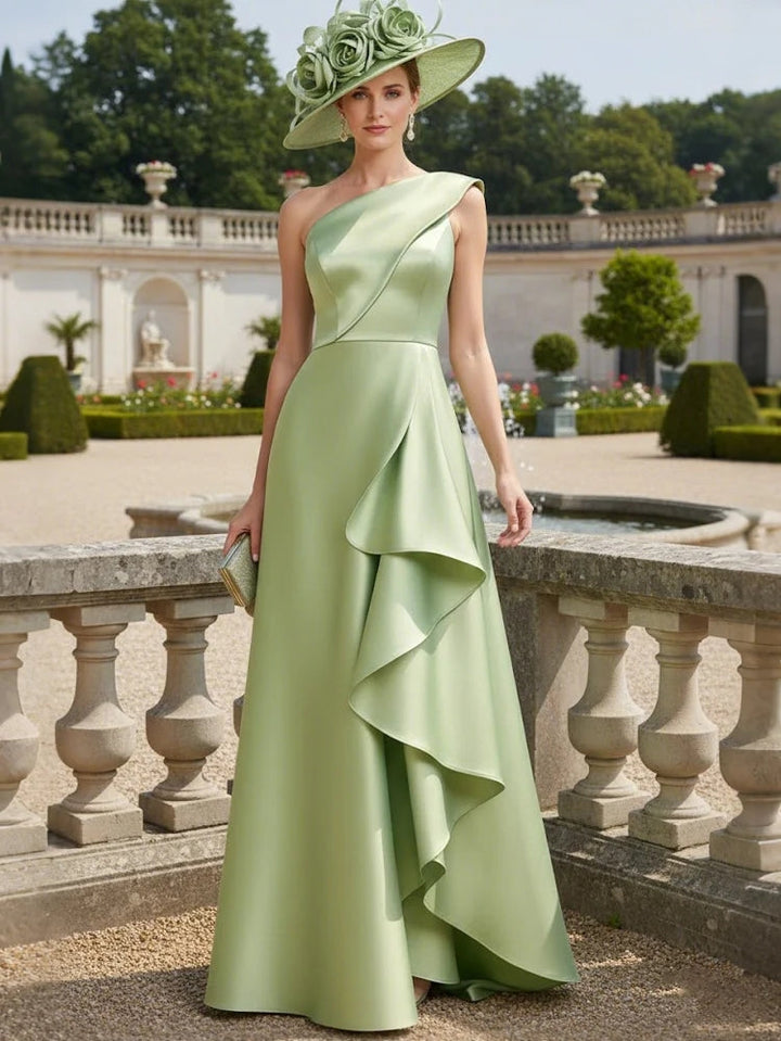 Robe mère de la mariée ligne A, satin une épaule, sans manches, longueur sol, volants