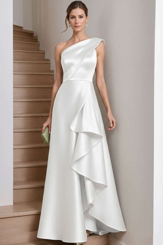 Robe mère de la mariée ligne A, satin une épaule, sans manches, longueur sol, volants