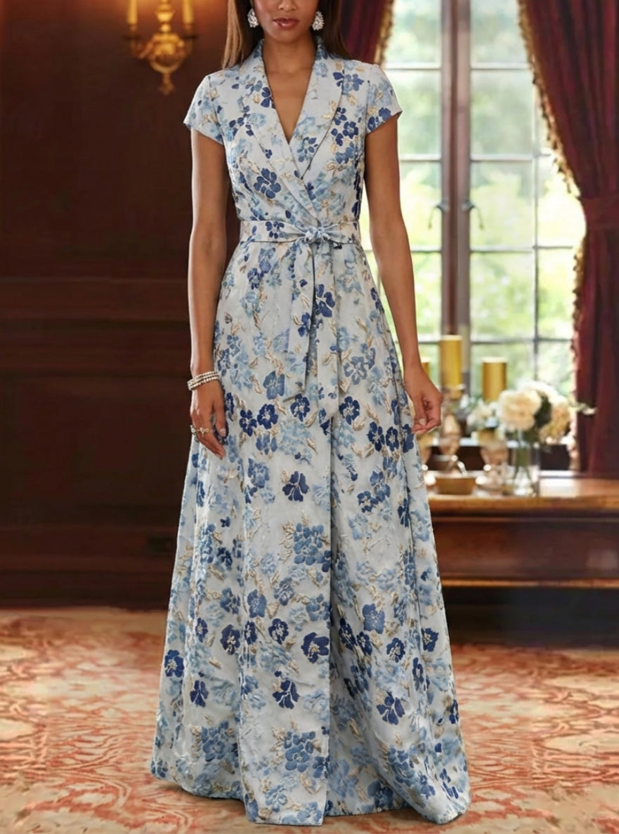 Robe mère de la mariée ligne A, jacquard col V, imprimé floral, manches courtes, longueur sol, ceinture