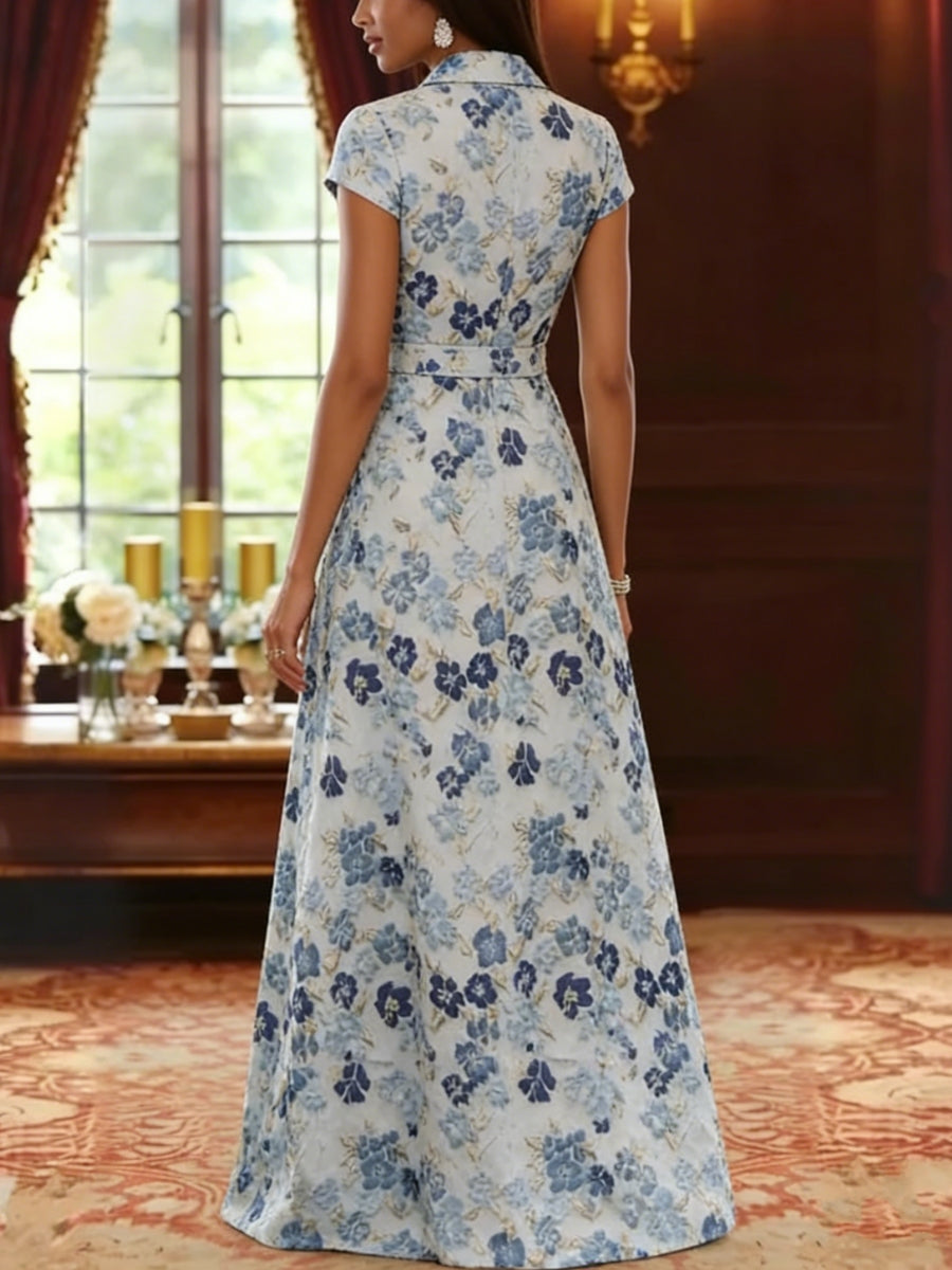 Robe mère de la mariée ligne A, jacquard col V, imprimé floral, manches courtes, longueur sol, ceinture