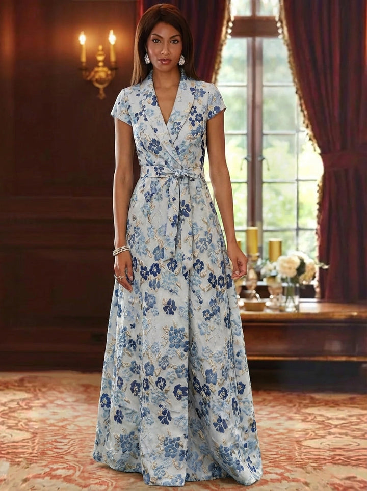 Robe mère de la mariée ligne A, jacquard col V, imprimé floral, manches courtes, longueur sol, ceinture