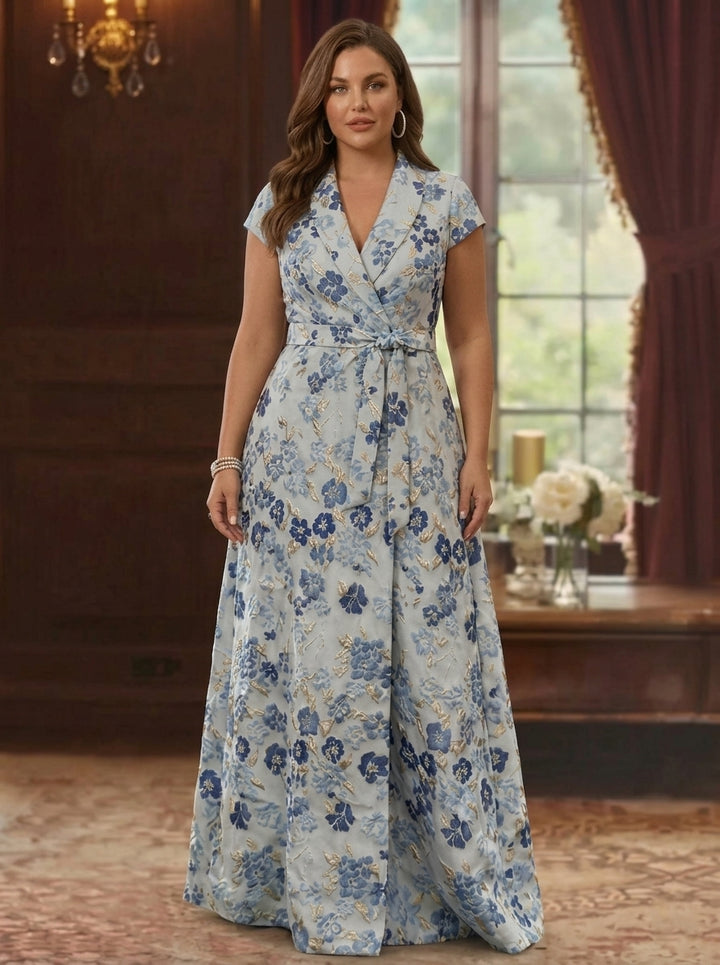 Robe mère de la mariée, Taille Plus, Ligne A/Princesse, Col en V, Jacquard, Manches Courtes, Longueur au Sol, Florale avec Ceinture
