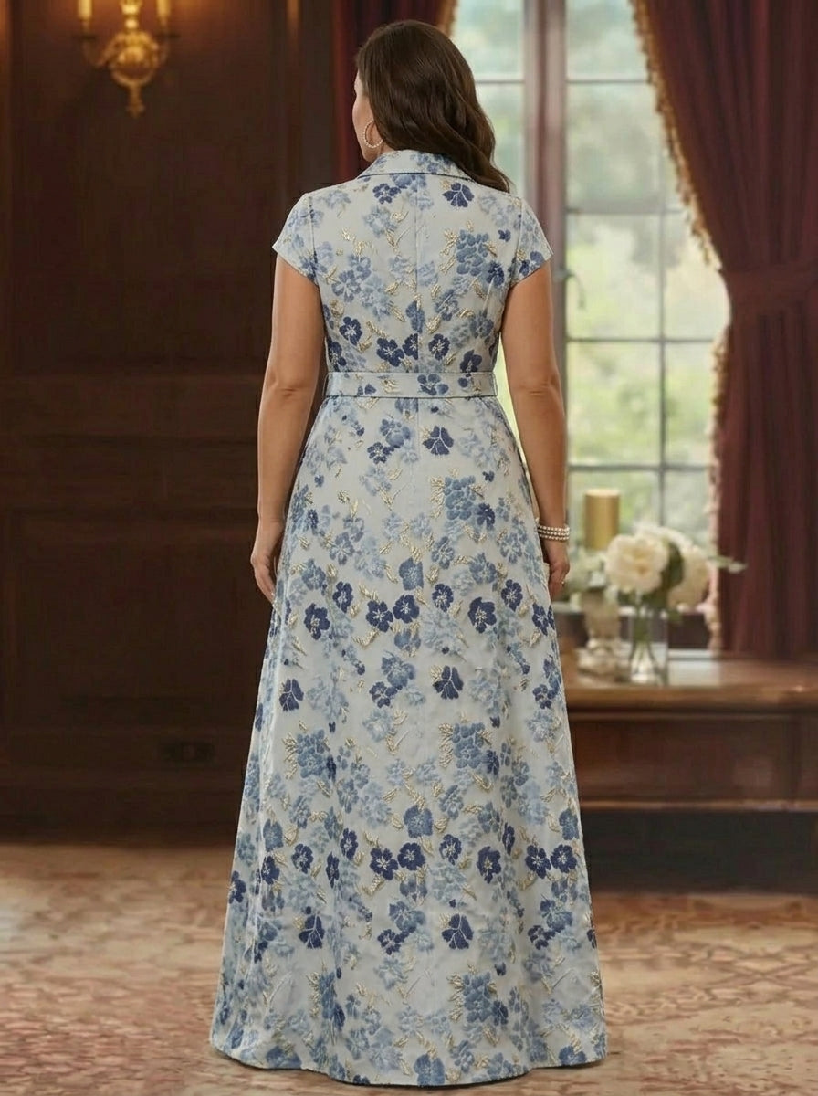 Robe mère de la mariée, Taille Plus, Ligne A/Princesse, Col en V, Jacquard, Manches Courtes, Longueur au Sol, Florale avec Ceinture