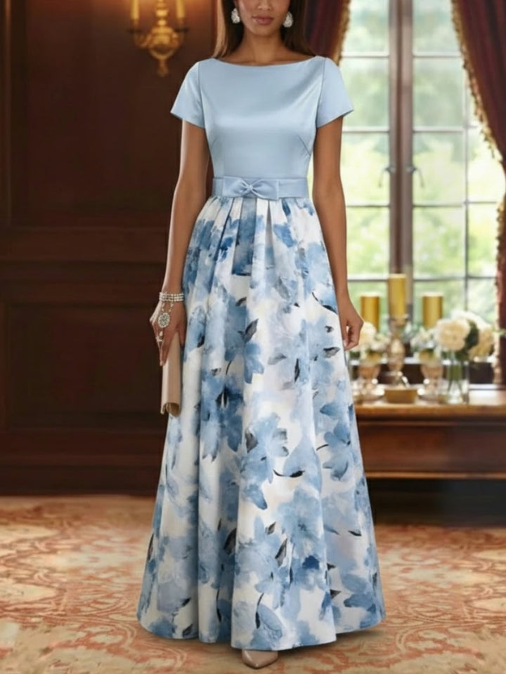Robe mère de la mariée ligne A, satin col bateau, imprimé floral, manches courtes, longueur sol, nœud