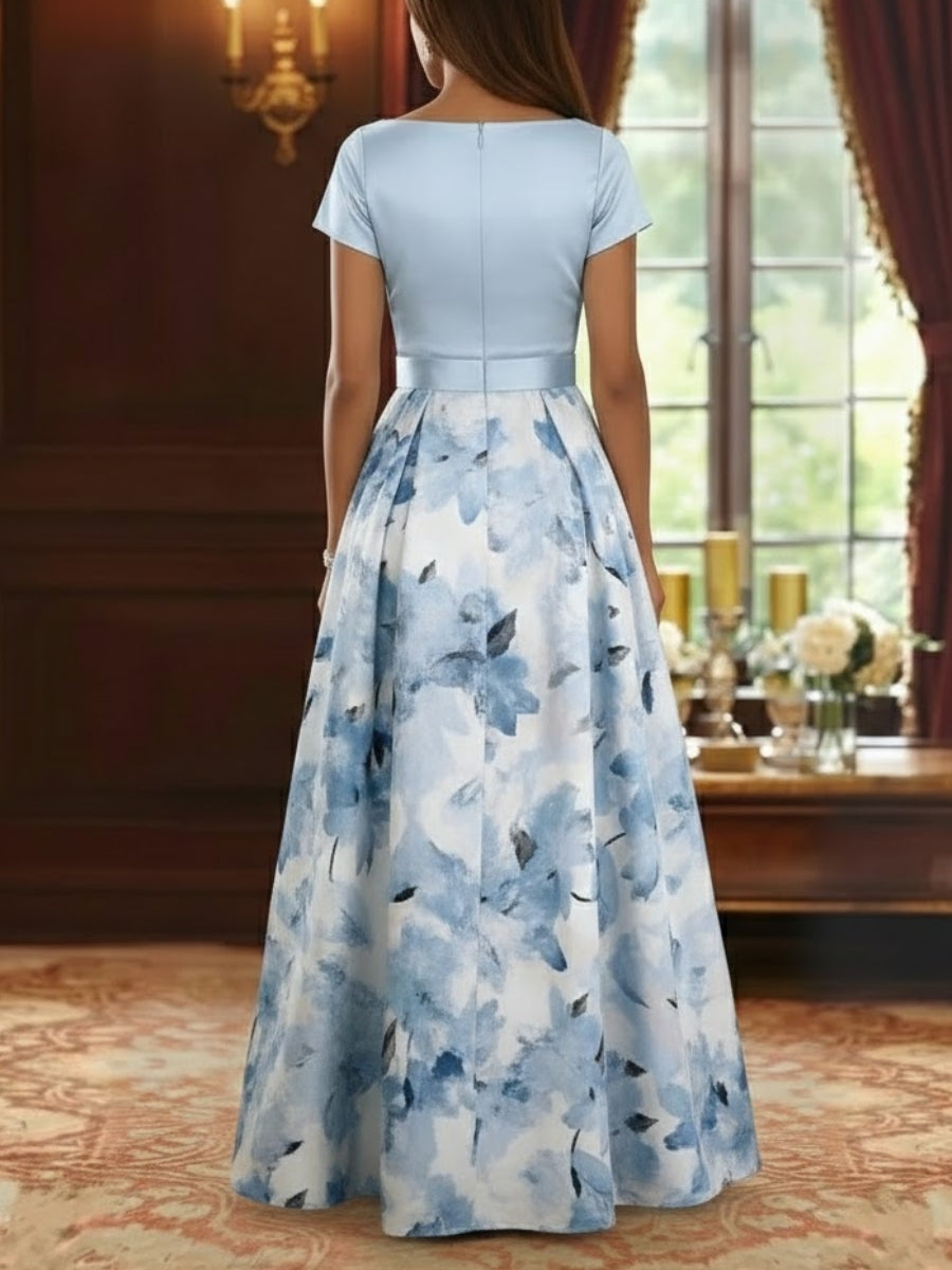 Robe mère de la mariée ligne A, satin col bateau, imprimé floral, manches courtes, longueur sol, nœud