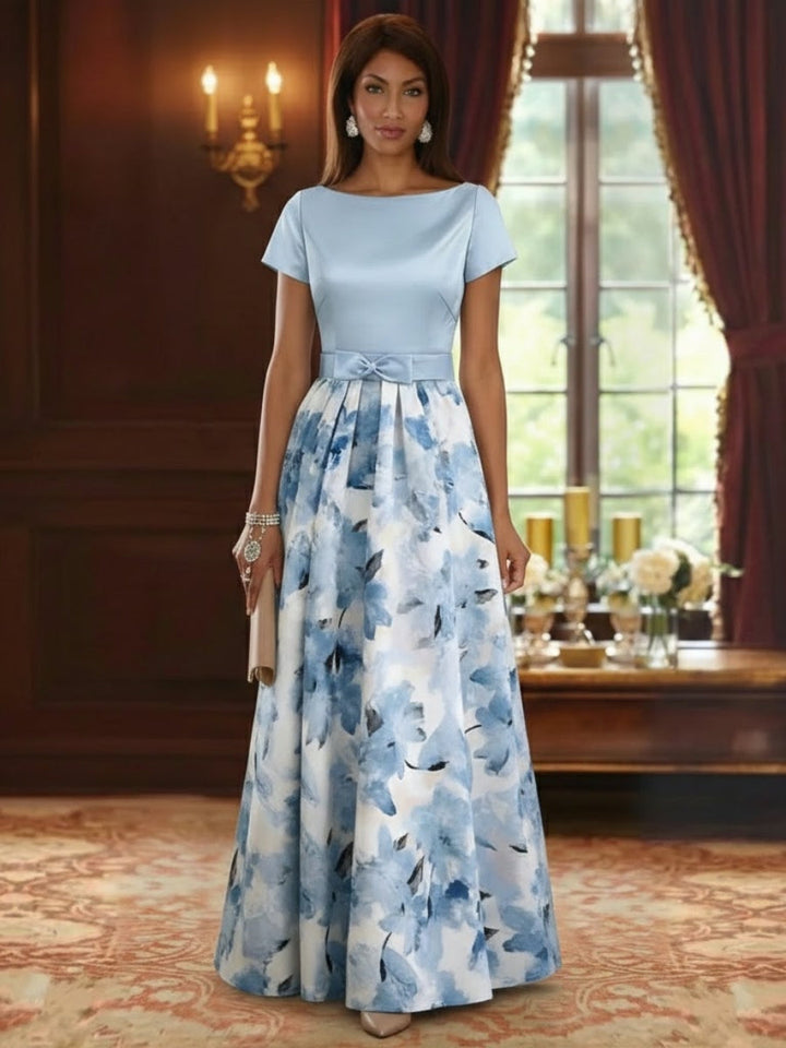 Robe mère de la mariée ligne A, satin col bateau, imprimé floral, manches courtes, longueur sol, nœud
