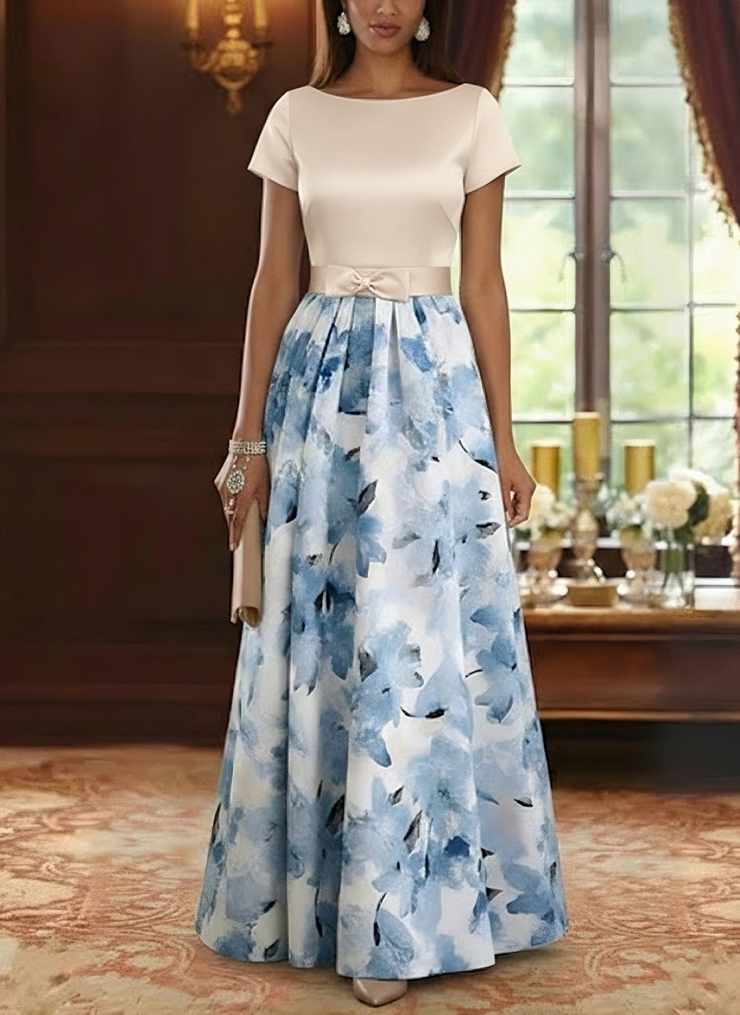 Robe mère de la mariée ligne A, satin col bateau, imprimé floral, manches courtes, longueur sol, nœud