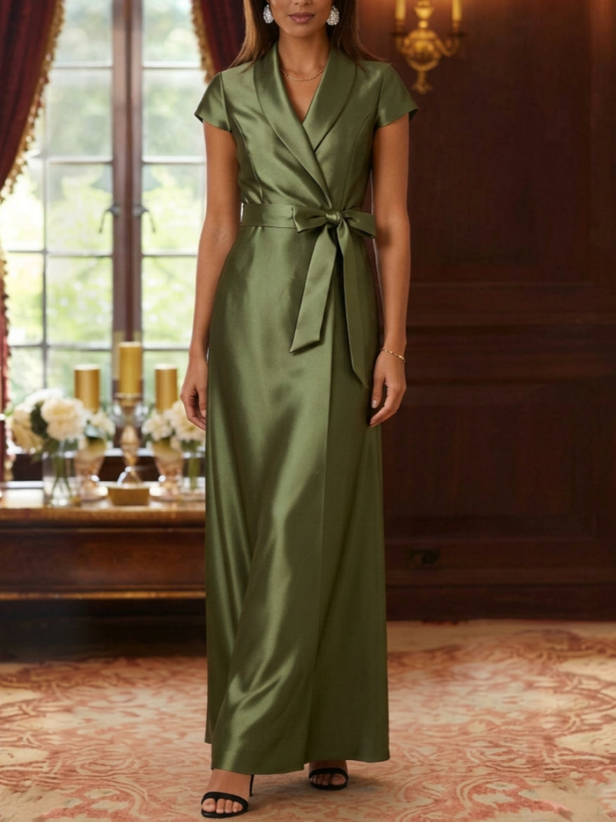 Robe mère de la mariée fourreau, satin soie col chemisier, manches courtes, longueur cheville, ceinture