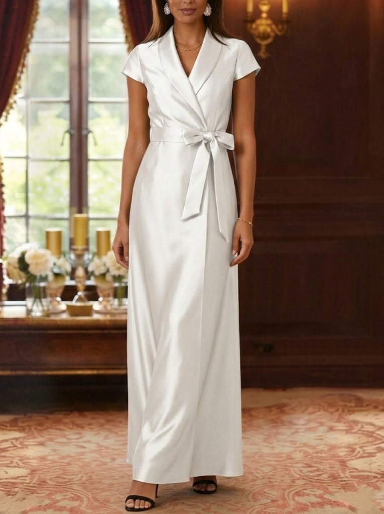 Robe mère de la mariée fourreau, satin soie col chemisier, manches courtes, longueur cheville, ceinture