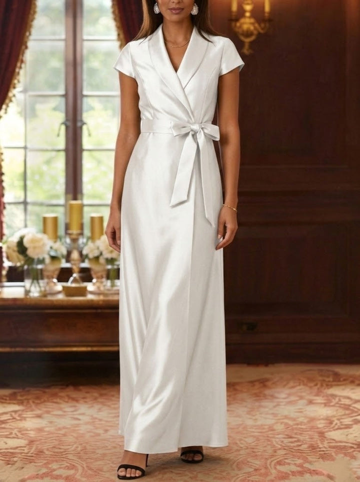 Robe mère de la mariée fourreau, satin soie col chemisier, manches courtes, longueur cheville, ceinture