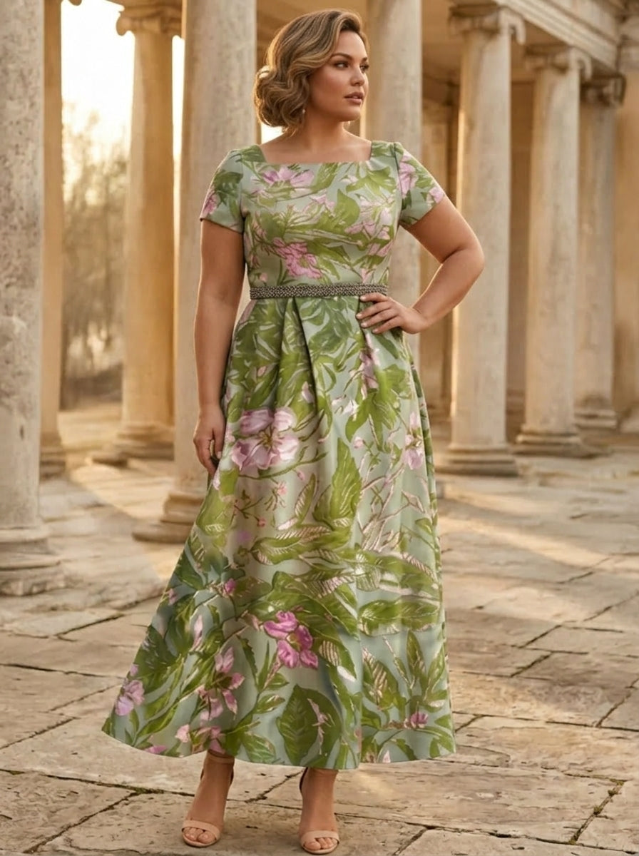 Robe mère de la mariée, Taille Plus, Ligne A/Princesse, Col Carré, Satin, Manches Courtes, Longueur de la Cheville