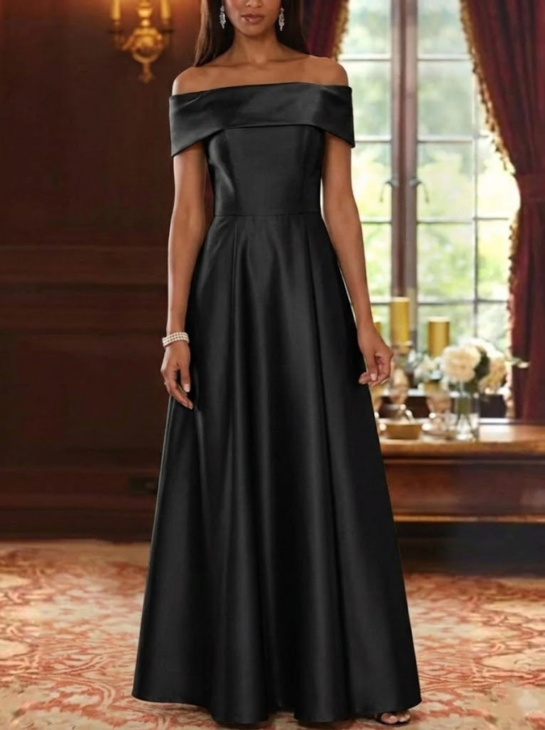 Robe mère de la mariée ligne A, satin manches tombantes, sans manches, longueur sol, plissé