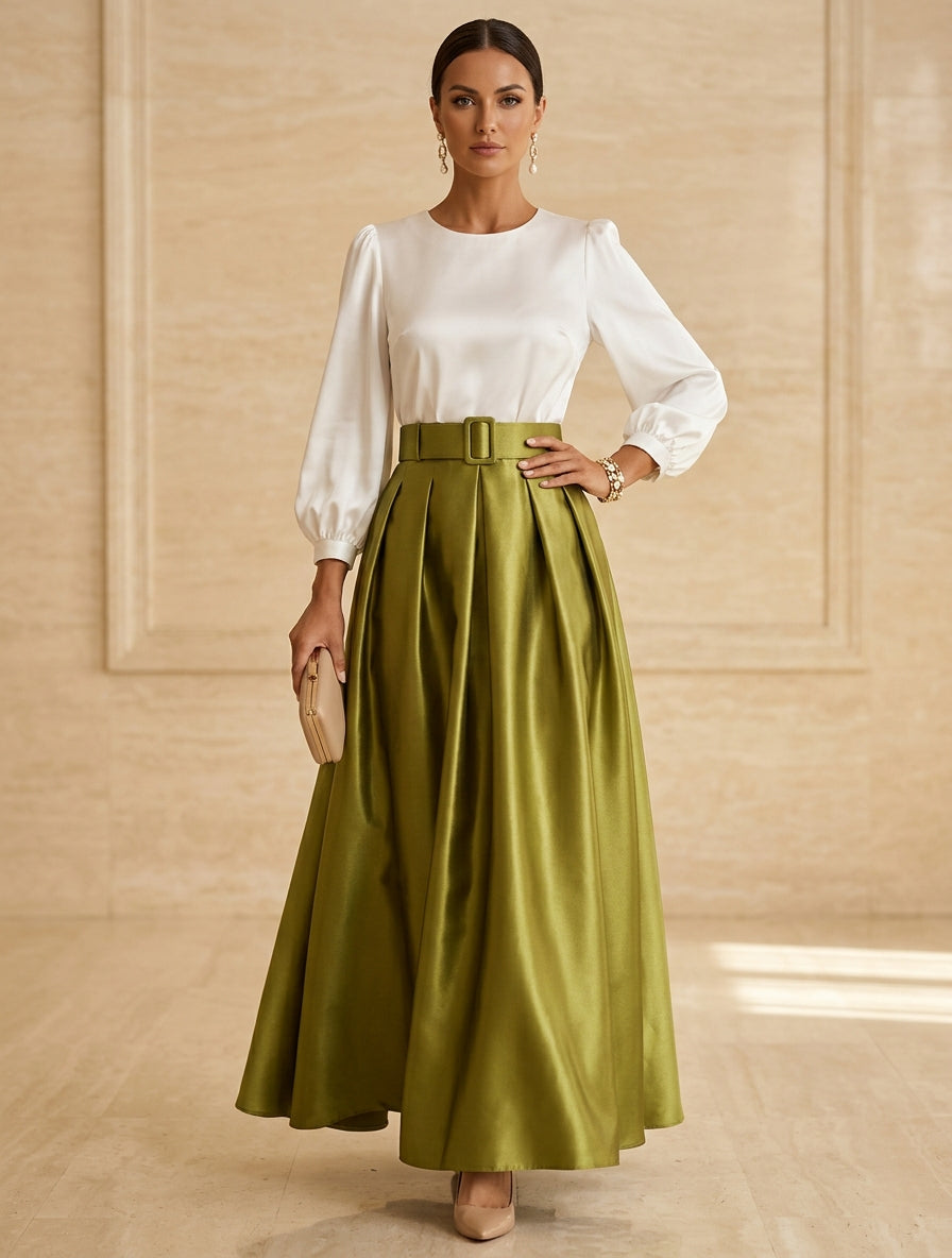 Robe mère de la mariée ligne A, taffetas col rond, manches longues, longueur cheville, plissé