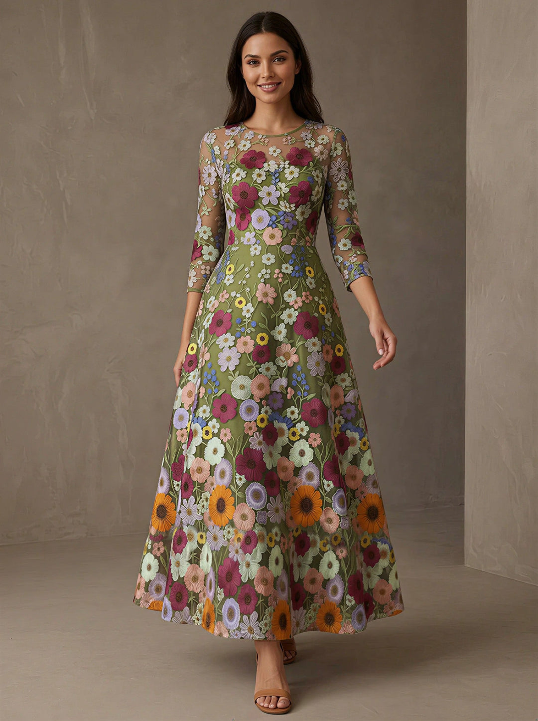 Robe mère de la mariée ligne A, col rond, dentelle florale, manches 3/4, longueur cheville