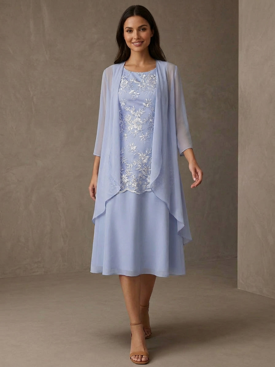 Ensemble 2 pièces mère de la mariée ligne A, mousseline col rond, veste, manches 3/4, longueur midi, dentelle
