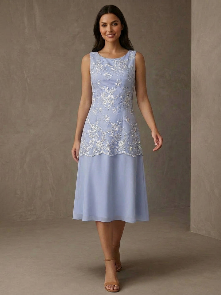 Ensemble 2 pièces mère de la mariée ligne A, mousseline col rond, veste, manches 3/4, longueur midi, dentelle