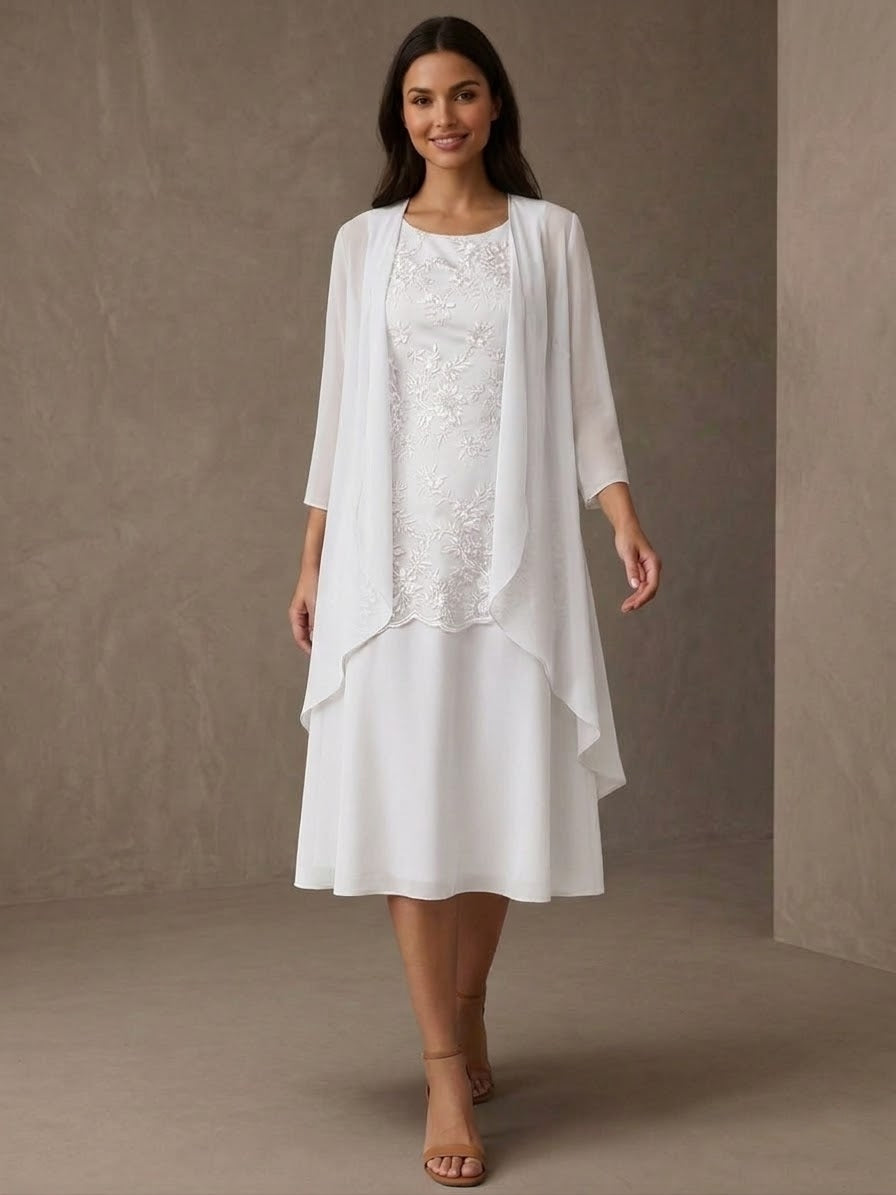 Ensemble 2 pièces mère de la mariée ligne A, mousseline col rond, veste, manches 3/4, longueur midi, dentelle