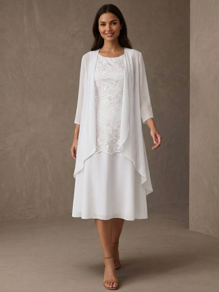 Ensemble 2 pièces mère de la mariée ligne A, mousseline col rond, veste, manches 3/4, longueur midi, dentelle