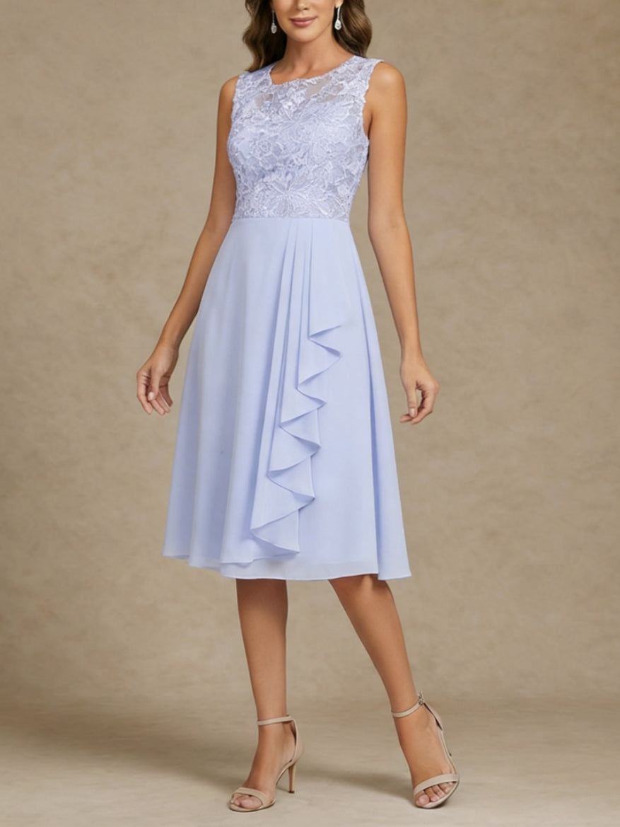Ensemble 2 pièces mère de la mariée ligne A, mousseline col rond, veste dentelle, manches 3/4, longueur midi, volants