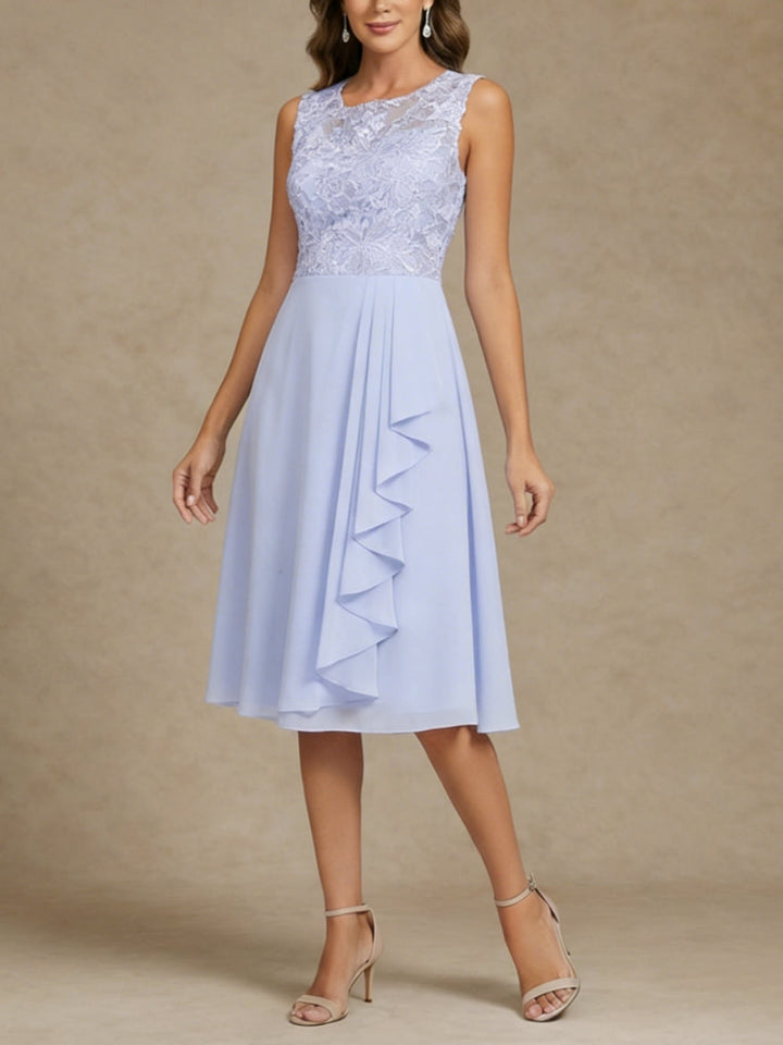 Ensemble 2 pièces mère de la mariée ligne A, mousseline col rond, veste dentelle, manches 3/4, longueur midi, volants