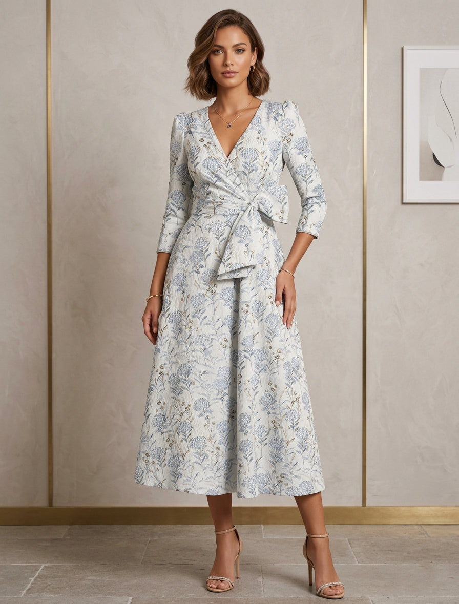 Robe mère de la mariée ligne A, jacquard col V, imprimé floral, manches 3/4, longueur midi