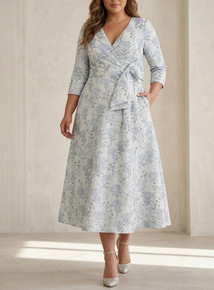 Robe mère de la mariée, Taille Plus, Ligne A/Princesse, Col en V, Jacquard, Manches 3/4, Longueur du Thé, Florale
