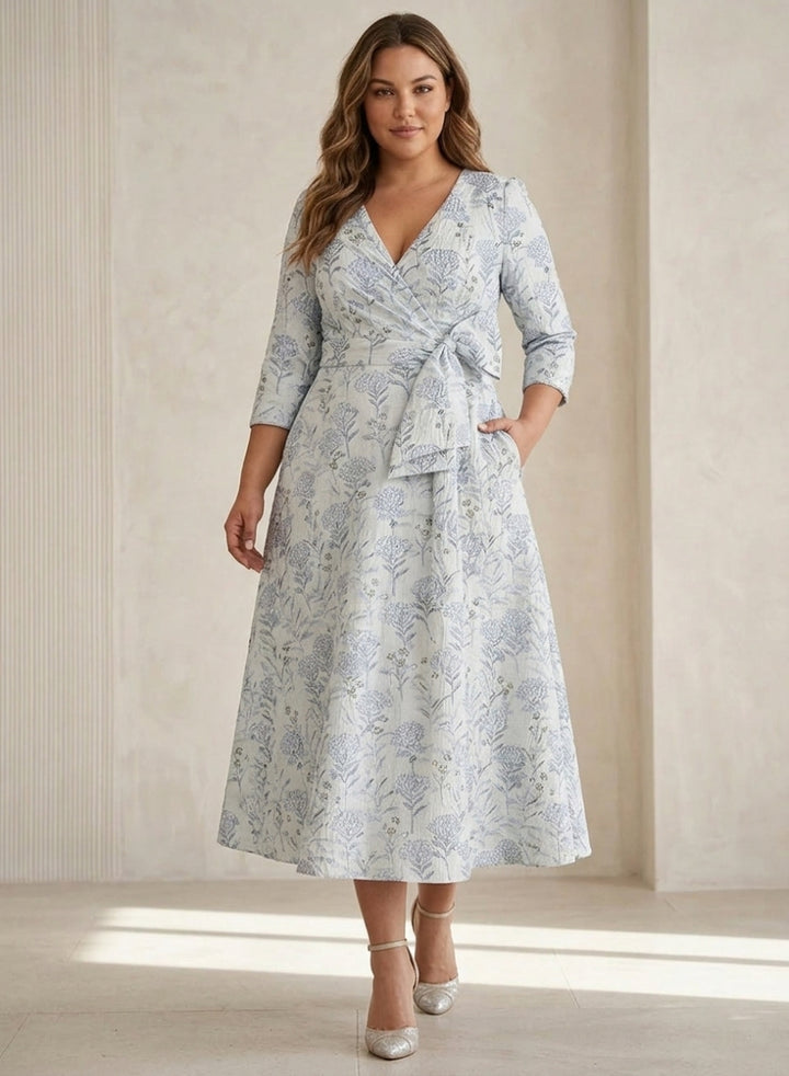 Robe mère de la mariée, Taille Plus, Ligne A/Princesse, Col en V, Jacquard, Manches 3/4, Longueur du Thé, Florale