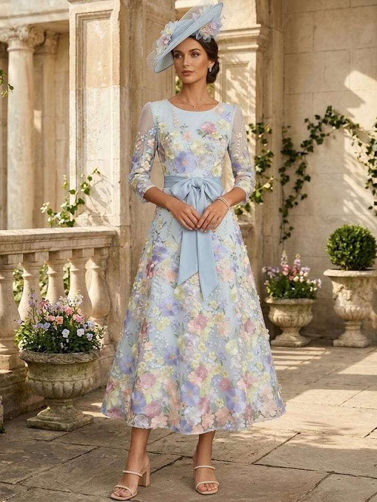 Robe mère de la mariée ligne A, dentelle col rond, broderie florale, manches 3/4, longueur midi, nœud