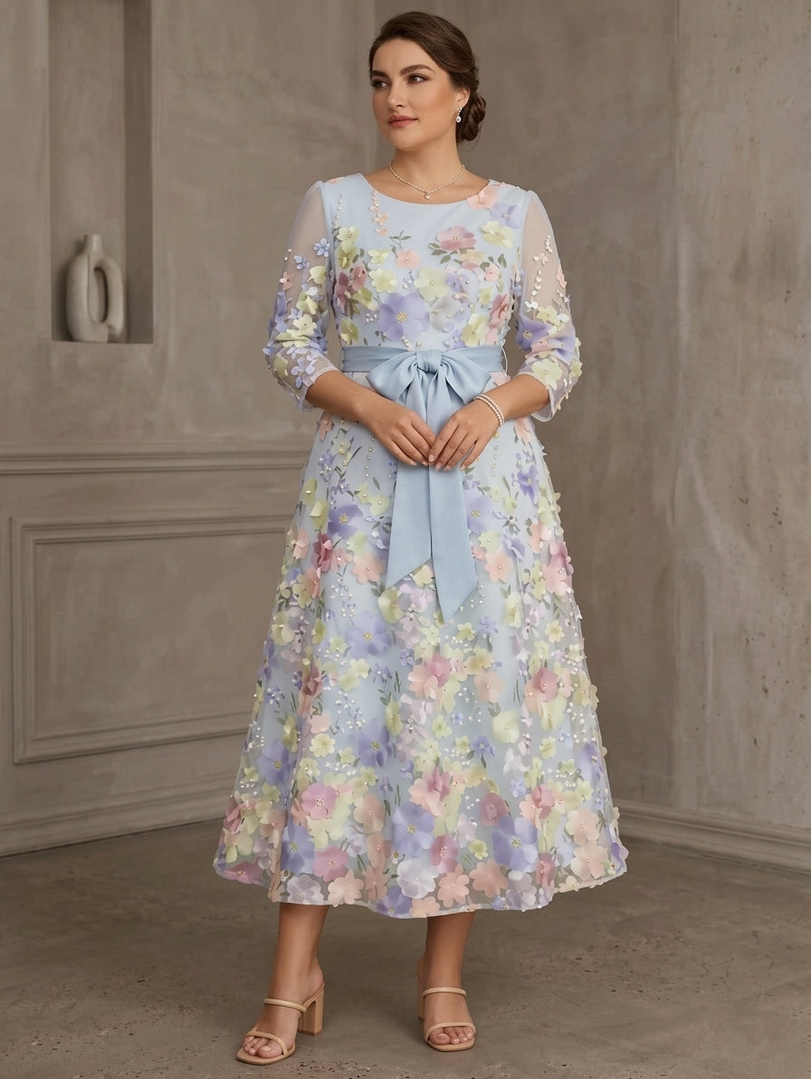 Robe ligne A/princesse grande taille, col rond, mousseline, pour mère de la mariée, dentelle, broderie florale, longueur de thé, manches 3/4, nœud
