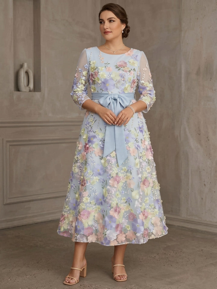 Robe ligne A/princesse grande taille, col rond, mousseline, pour mère de la mariée, dentelle, broderie florale, longueur de thé, manches 3/4, nœud