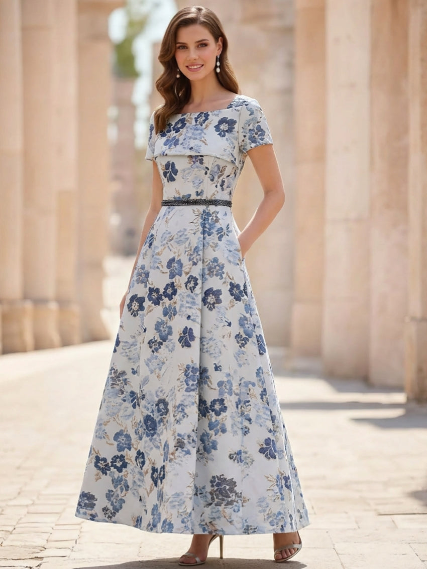 Robe mère de la mariée ligne A, jacquard col carré, imprimé floral, manches courtes, longueur cheville