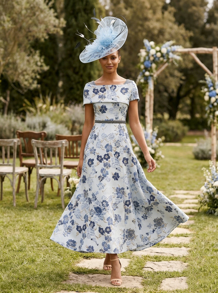 Robe mère de la mariée ligne A, jacquard col carré, imprimé floral, manches courtes, longueur cheville