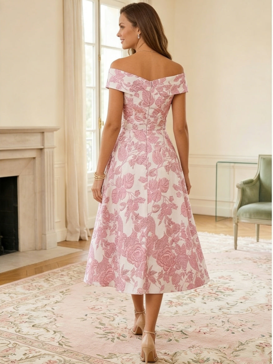 Robe mère de la mariée ligne A, jacquard manches tombantes, imprimé floral, sans manches, longueur midi