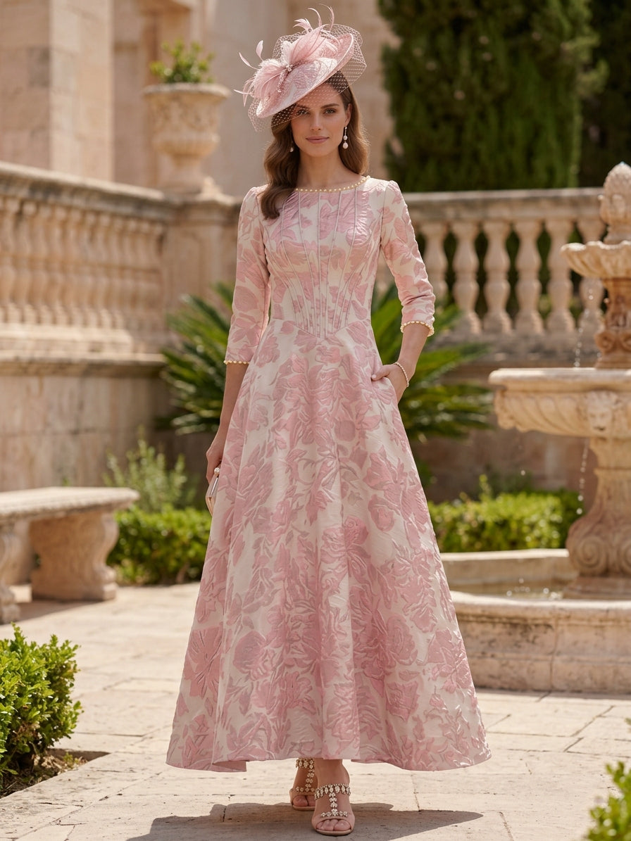 Robe mère de la mariée ligne A, jacquard col rond, imprimé floral, manches 3/4, longueur cheville