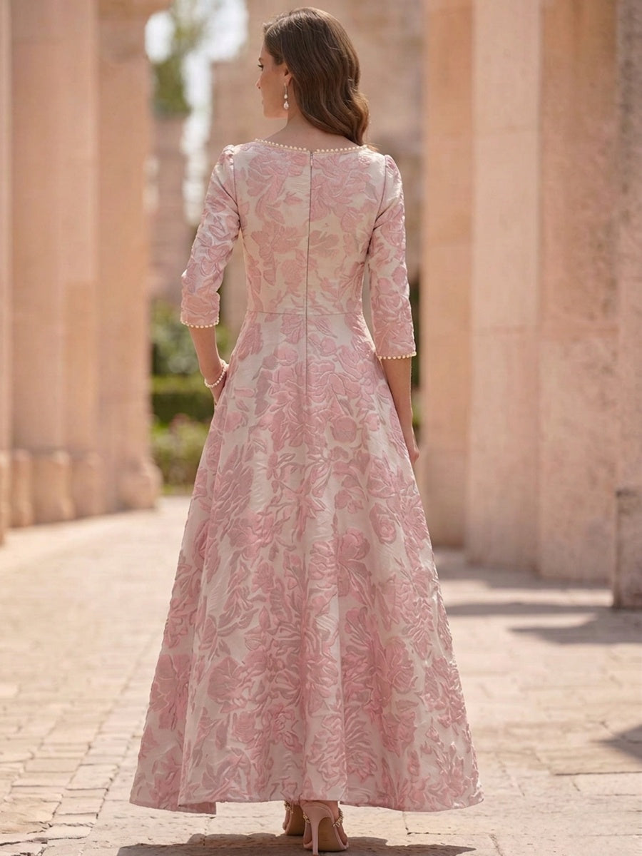 Robe mère de la mariée ligne A, jacquard col rond, imprimé floral, manches 3/4, longueur cheville