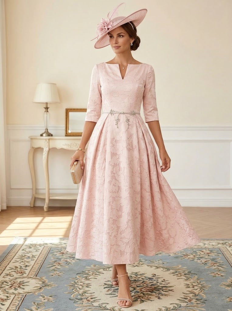 Robe mère de la mariée ligne A, col V, floral burnout, manches 3/4, longueur midi, ceinture